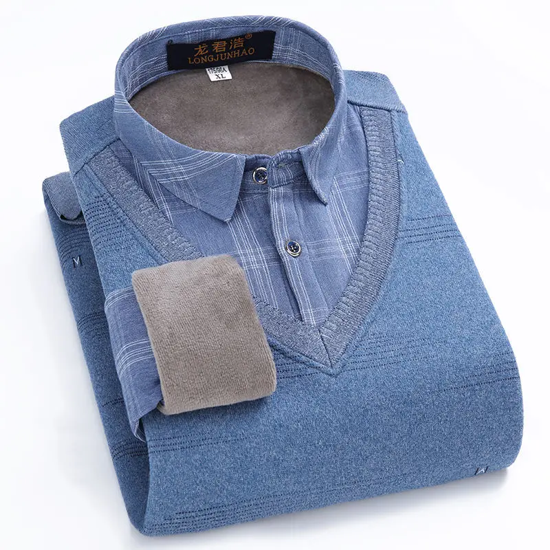 Suéter de cuello de camisa de felpa gruesa para hombre, suéter de punto falso, Delgado, cálido, nuevo