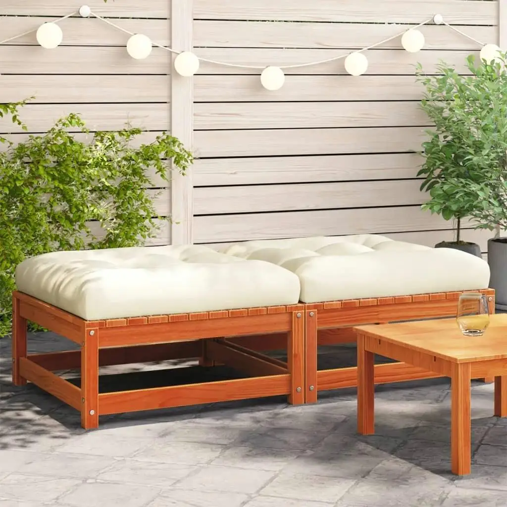 2-Piece Wax Brown Solid Wood Pine Patio Footstools with Cushions - Outdoor Furniture