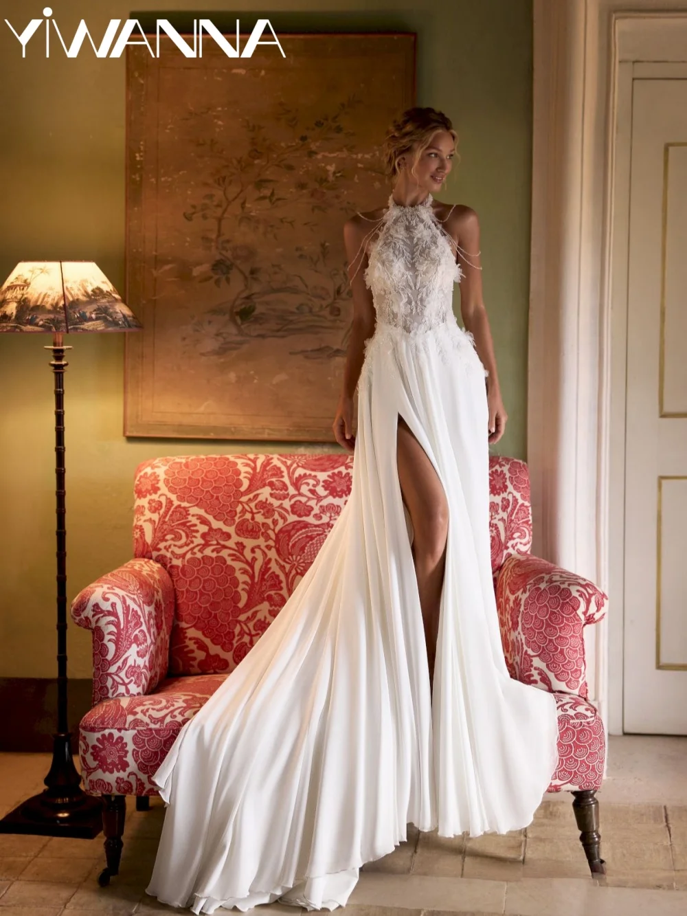 

Chiffon 3D Floral Beaded Wedding Dress Modern Halter Backless Bridal Gown Customized A-line Long Elegant Dresses For Bride