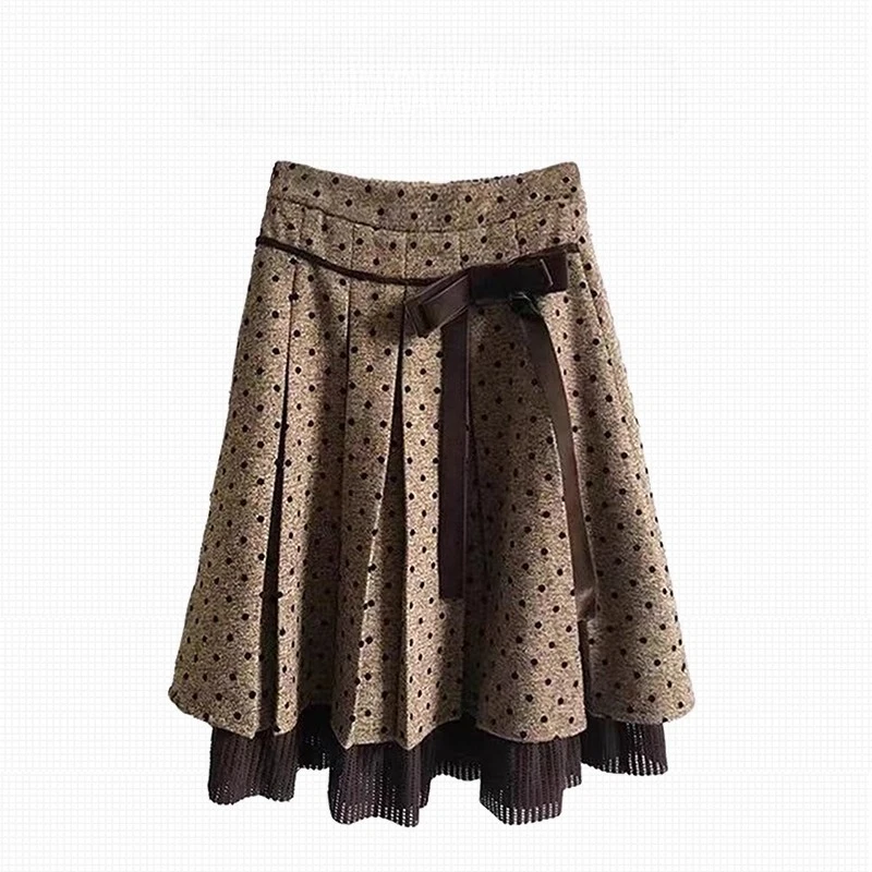 Gonna da donna americana retrò a pois 2025 Autunno Inverno Nuovo dolce fresco carino lana velluto fiocco versatile gonne a trapezio da donna