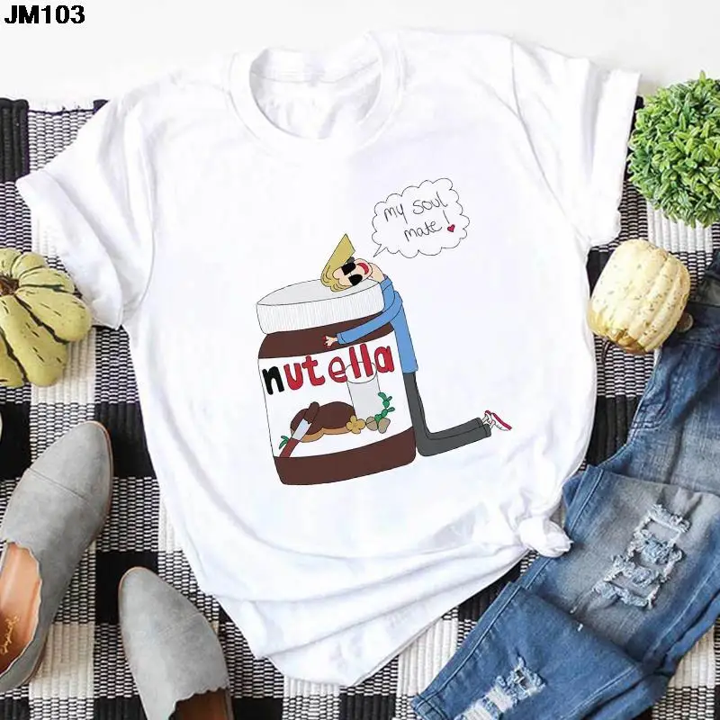 Camiseta informal con estampado de Nutella para mujer, camiseta Harajuku de dibujos animados para mujer, Top de manga corta con cuello redondo, camiseta blanca divertida a la moda