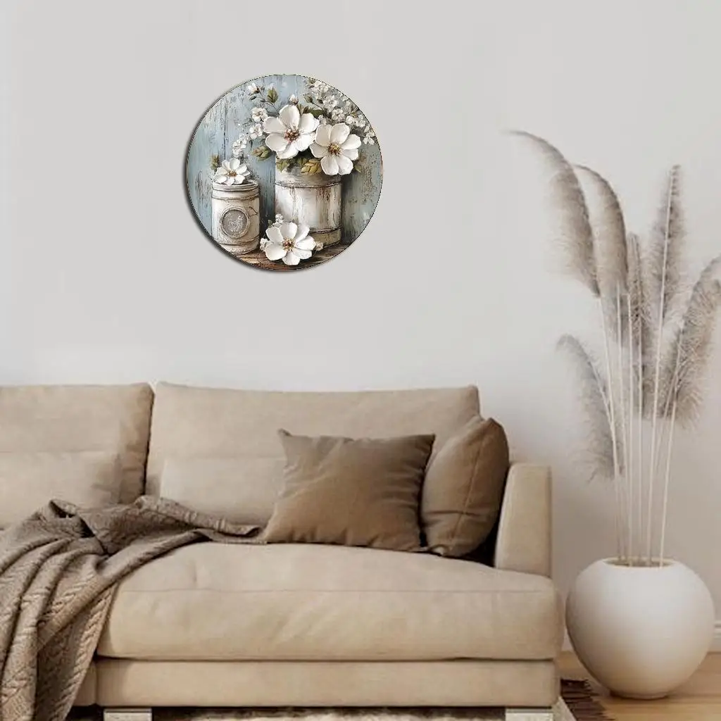 لافتة فنية جدارية من الألومنيوم مستديرة من الألومنيوم مكونة من قطعتين مسطحة ثنائية الأبعاد - برطمانات ميسون ريفية عتيقة مع زهور وخضراء، مقاس 8 × 8 بوصة متينة #5