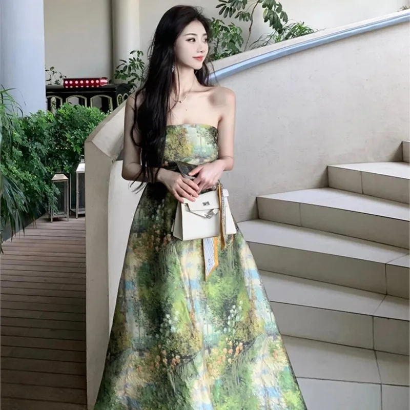 High Quality |New Women's Tea Break Vacation Style Green Oil Painting Tube Top Women Dress