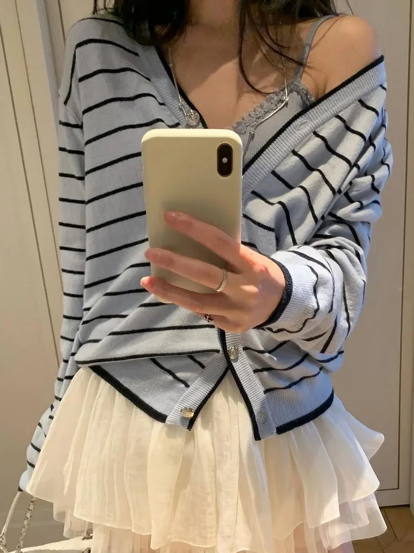 

Korean Sle Fre Young Striped Knit Cardigan Women's Faion Thin Long Sve Single Button Autumn New Arrival Outerwear