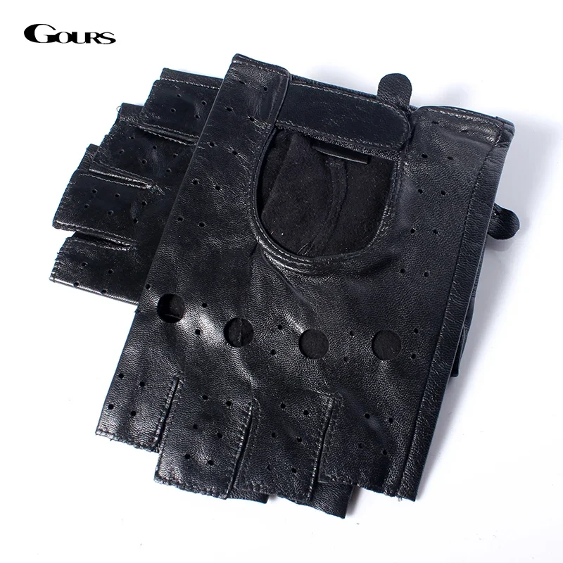 GOURS Fall and Winter Men Real Leather Gloves Black Genuine Goatskin Fingerless Gloves Unlined Driving Gym Mittens GSM032