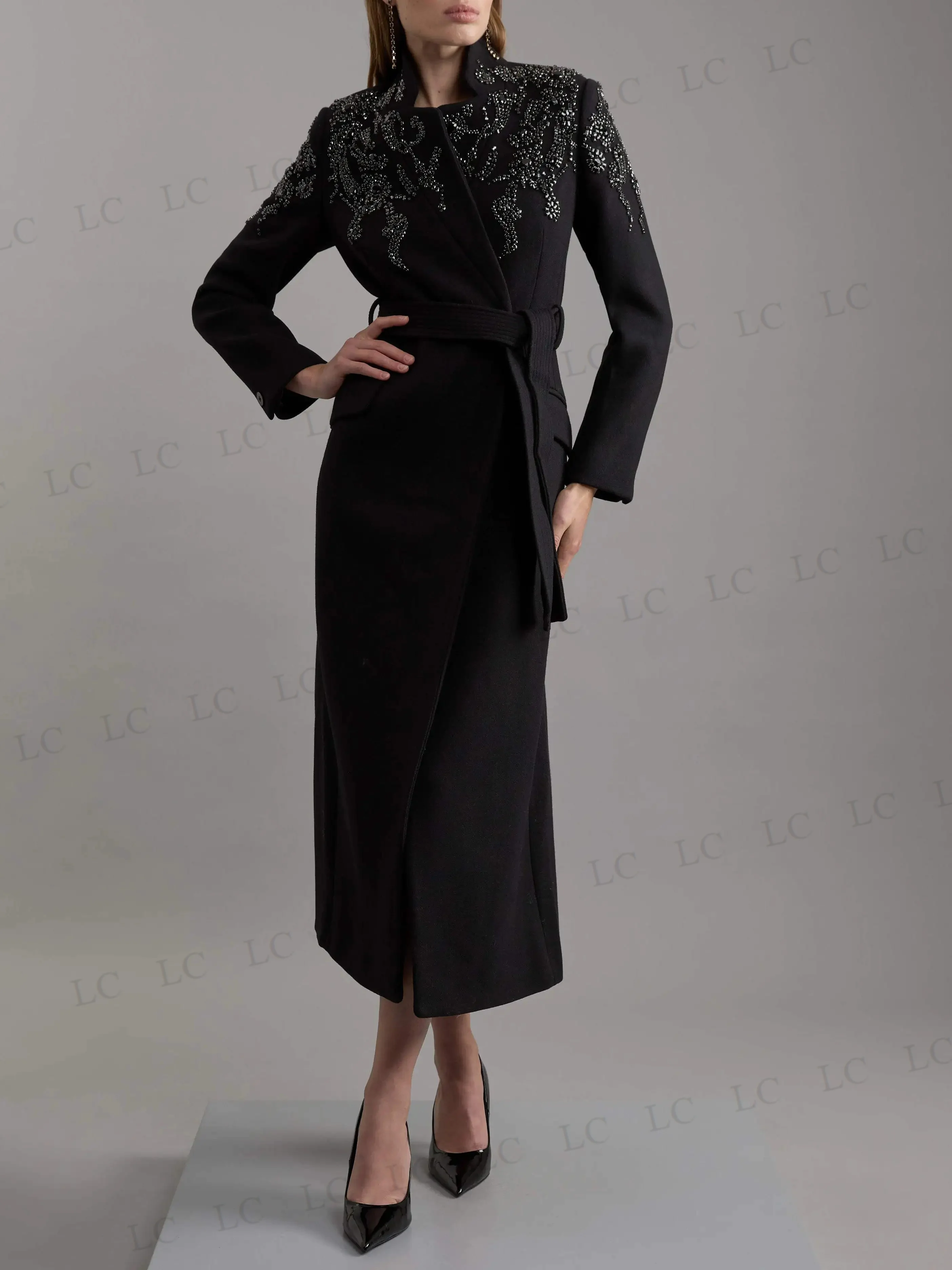 Long Blazer Women Suits One Piece With Belt Slim Fit High Collar Appliques Beads Diamonds Plus Size Tailored Mother Of The Bride