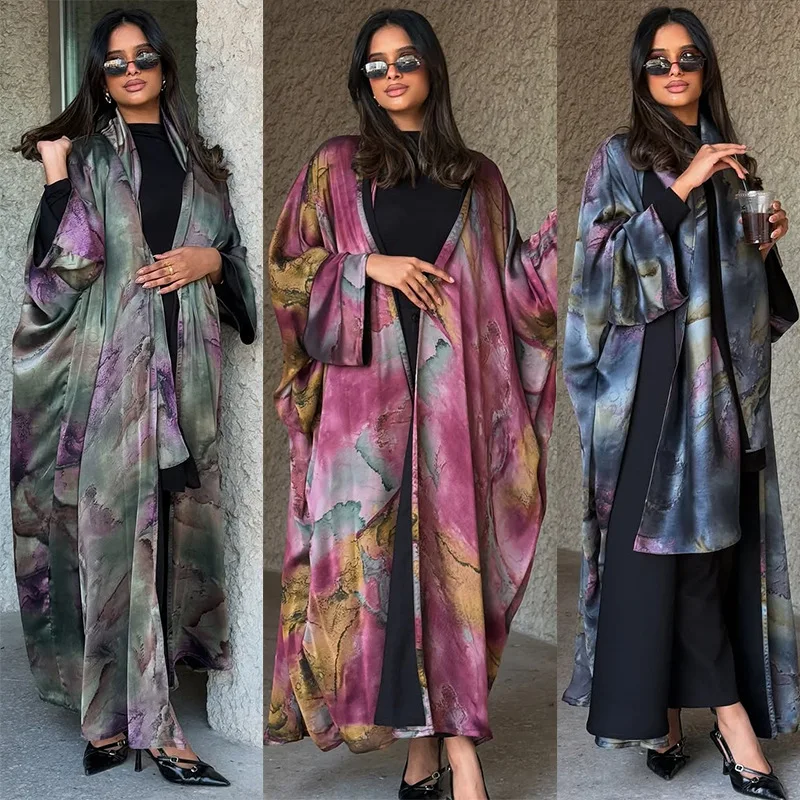 

Mq204 Modest Summer Fashion Satin Print with Headscarf Women's Abaya Cardigan Jacket Outerwear Big Robe Islam Elegant