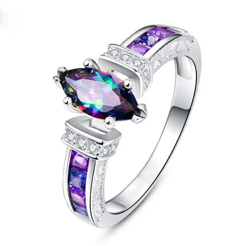 BKBK Silver Marquise Rainbow Crystal Purple Baguette Inlaid Women Rings Engagement Wedding Rings Anti-Oxidation Fashion Jewelry Brides Ladies Valentine Xmas Party Unique Iridescent Statement Finger Band