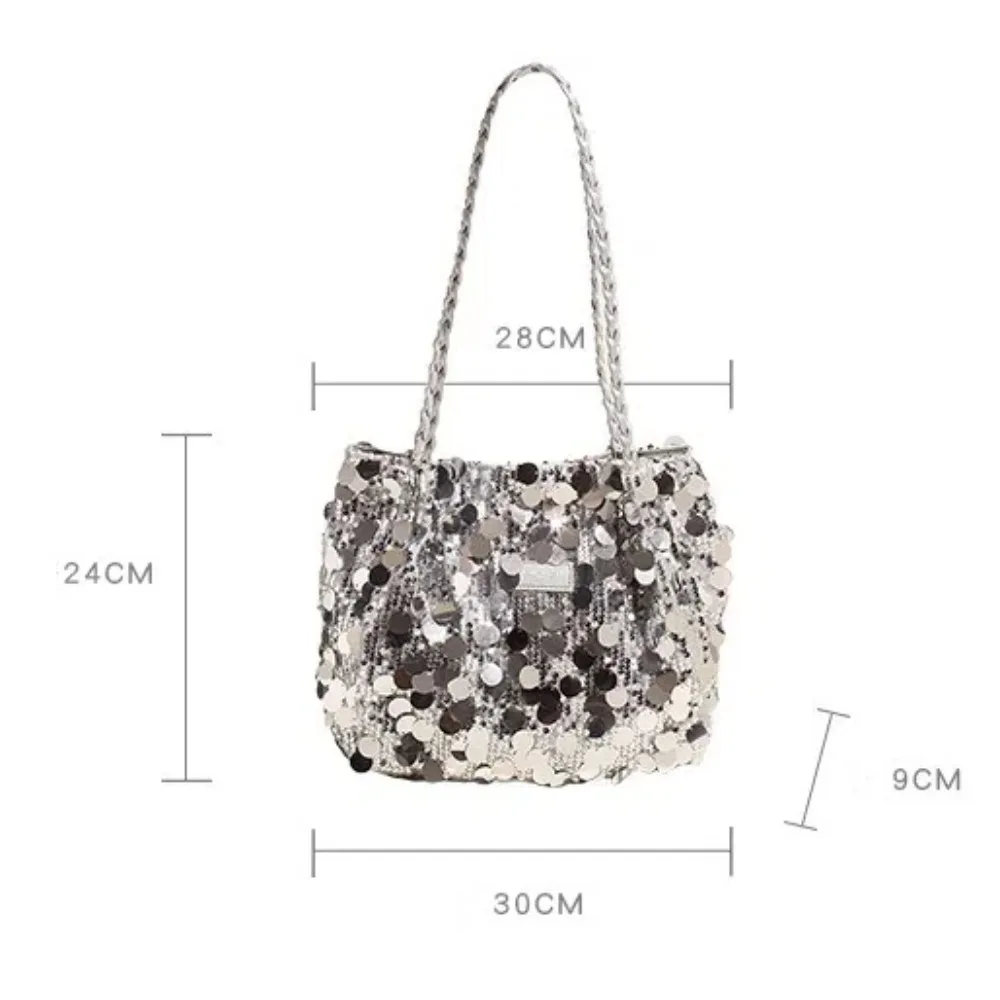 Portable Sparkling Sequin Shoulder Bags Large Capacity Zipper Closure Tote Bag Solid Color Fashion Handbag Women