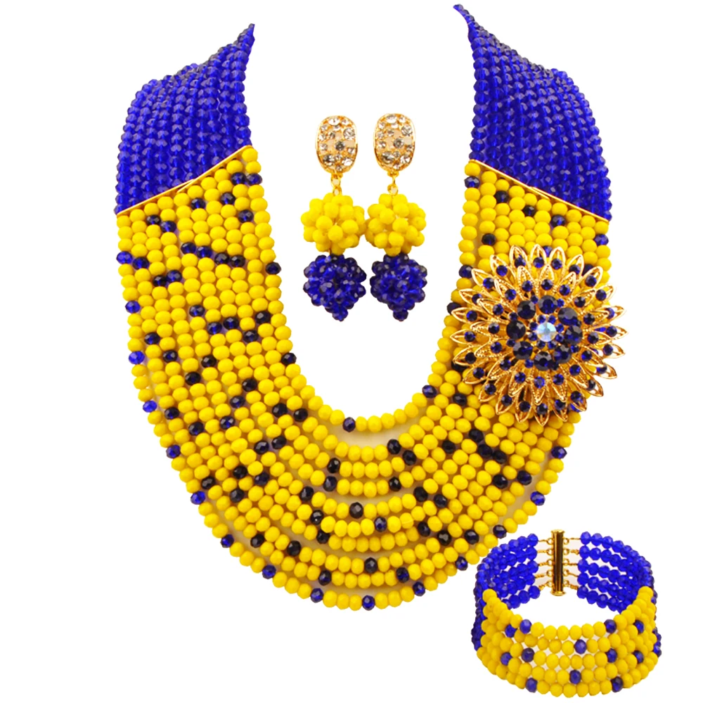 Royal Blue&Opaque Yellow Crystal Jewelry African Necklace Nigerian Wedding Set