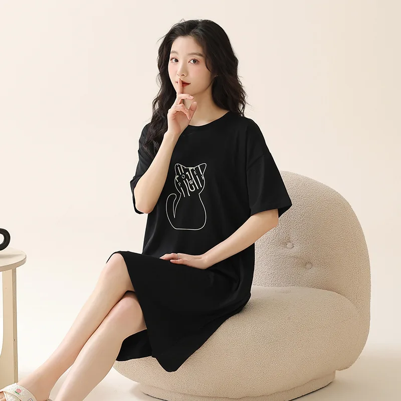 Cute Pure Cotton Nightgown Women's Summer New Style Thin Home Clothes Outdoor Wearable Cartoon Print Three-Quarter Sleeve Nig...