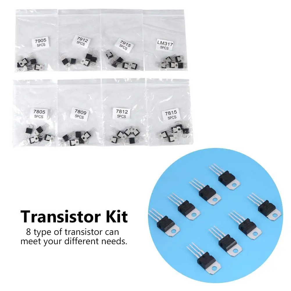 40Pcs 8 Types 7805 7809 7812 7815 7905 7912 7915 LM317 Transistor Assortment Kit Set