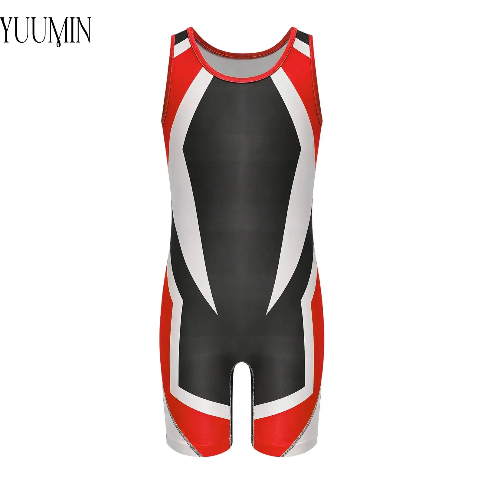 4-16Y Kids Boys Wrestling Singlet Color Block Jumpsuit Sleeveless Thigh Length Bodysuit for Sports Workout Exercise Cycling