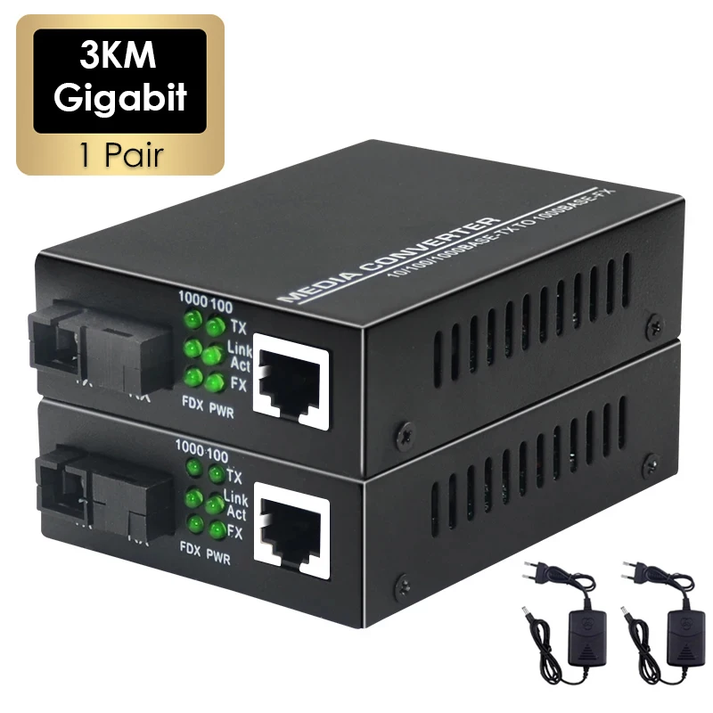 Gigabit Fiber Optical Media Converter 1000/100 Mbit/s Ethernet RJ45 Single Mode Single Fiber TX RX SC Port Externes Netzteil