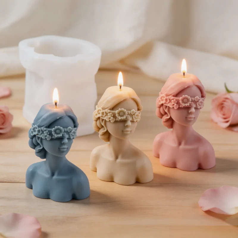 3D-Frauenbüsten-Silikonform für Kerzen, Frau mit verbundenen Augen und Gänseblümchenkrone, Wachsformen, DIY-Gießharz-Seifenhandwerk, Heimdekoration, Geschenk