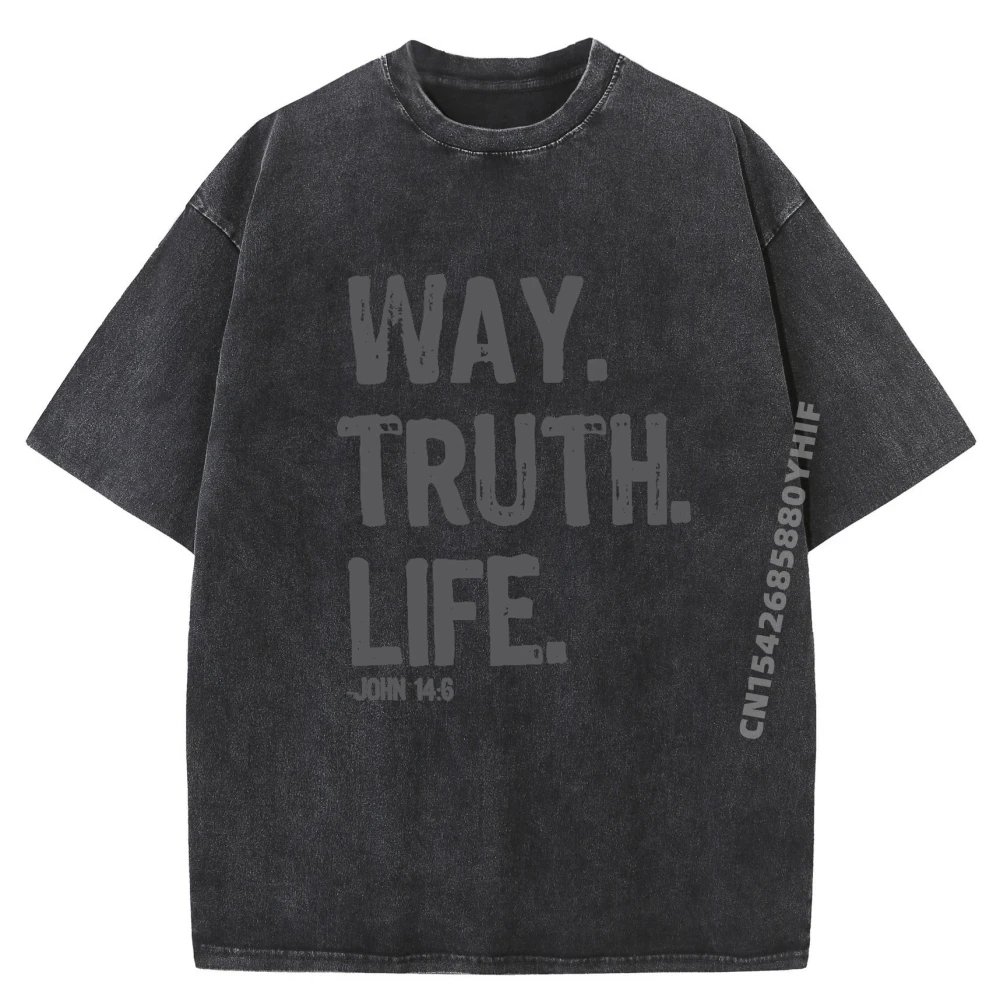 

Printed Tees Way Truth Life Bible Verse Graphic Tshirt Men's Vintage Washed T-Shirts Mens Streetwear Clothing