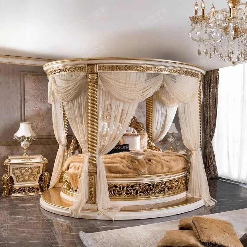 

European Solid Wood Bed Luxury Round Queen Carved Princess Castle Trendy Bed Double Wedding Design Unique Muebles Furniture