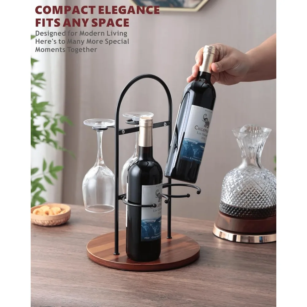 زجاجة نبيذ وحامل زجاجي للكونترتوب |   رف نبيذ صغير لزجاجتين و2 كوب |   تخزين النبيذ الحديث على سطح الطاولة مع جولة