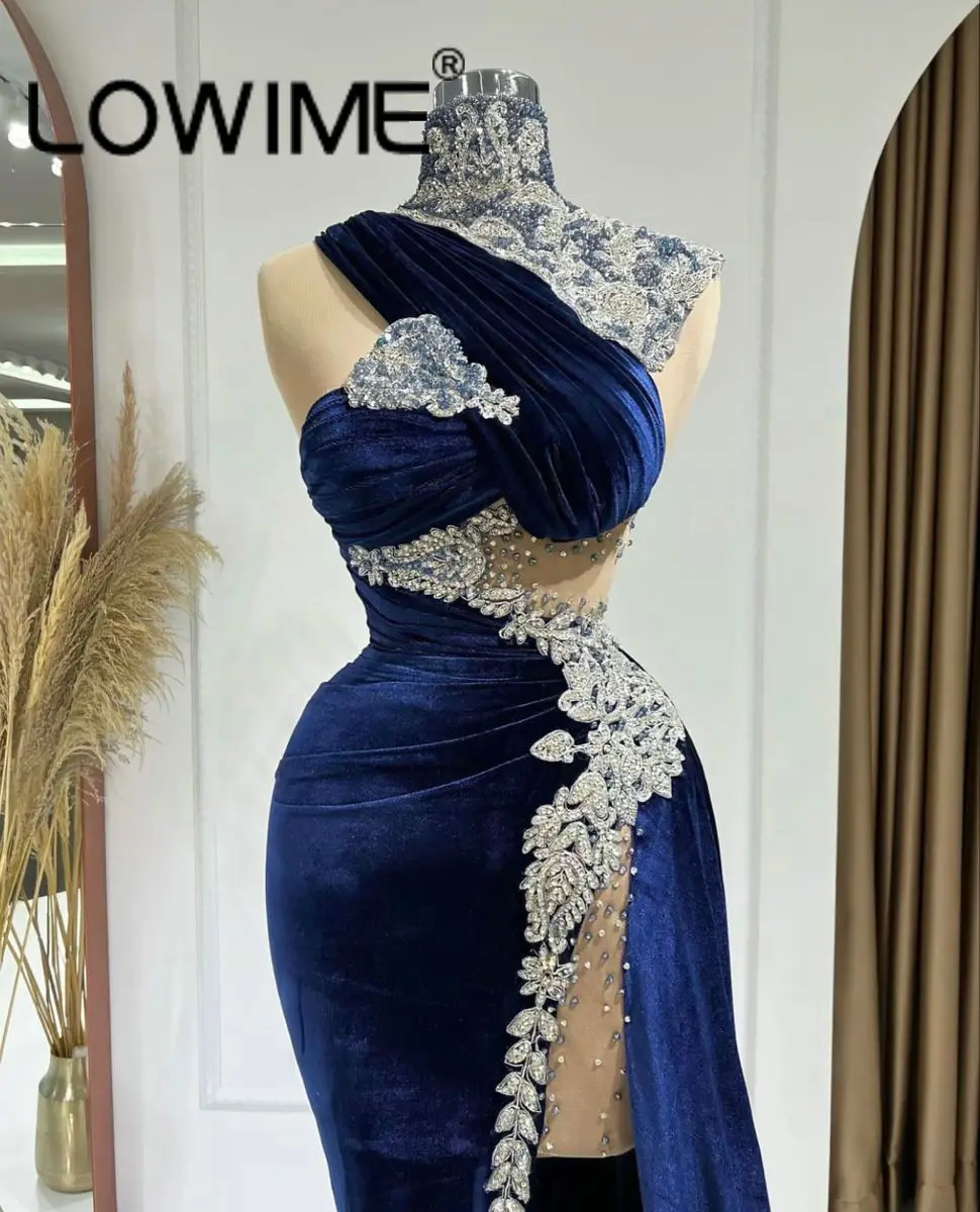 Dark Blue High Neck Long Draped Evening Dresses Latest Design Wedding Season Formal Mermaid Date Night Outfits Velvet Prom Gowns