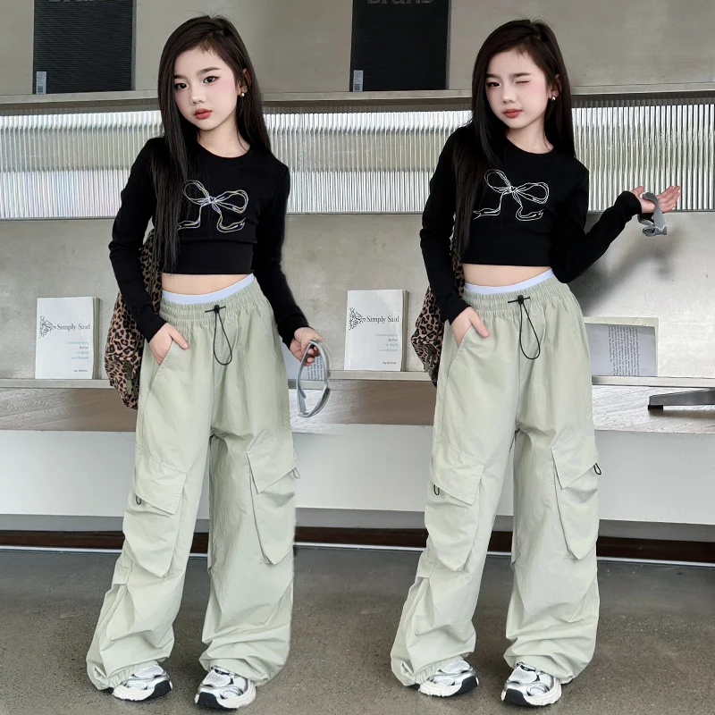 

Teen Girls Utility Pants Kids Street Style Fashion Pants With Side Pockets Teenage Child Pants Toddler Straight Trousers 4-14Y
