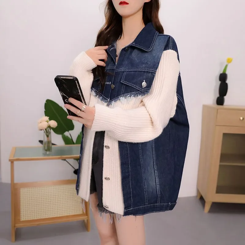 

New Loose Casual Medium Long Denim Stitching Sweater Women Short Outwear 2024 Autumn Winter Button Design Sense Jeans Coat Tops