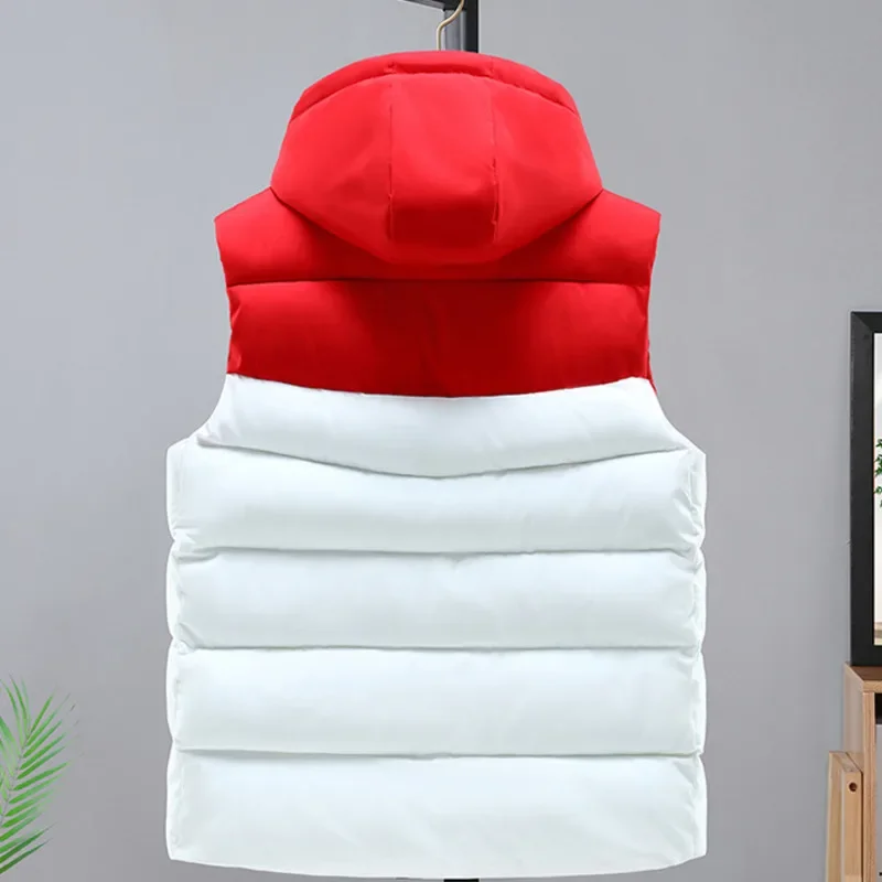 Winter Sleeveless Jacket Men Spliced Color Outerwear Vest Jacket Zipper Warm Thick Down Cotton Hooded Vest Man Slim Fit