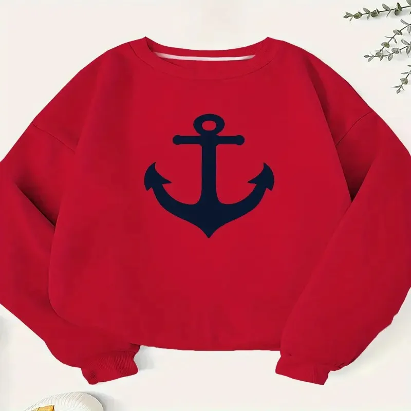 

Women Plus Size Nautical Anchor Graphic Sweatshirt Navy Blue Geometric Design, Long Sleeve Round Neck Casual Pullover,