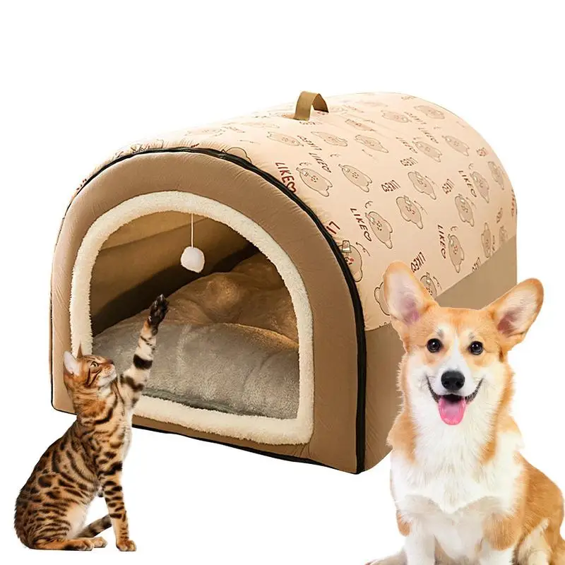 

Covered Dog Bed 2 In 1 Detachable Cat Bed And House With Ball Pendant Flannel Cat Bed Cat Nest For Indoor Cats Cat Hideaway Cat