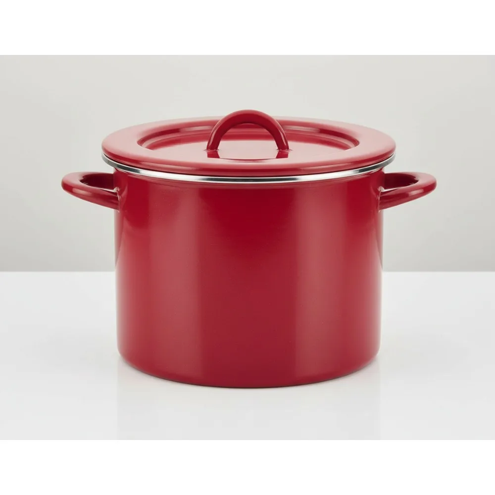 

12 Quart Red Enamel Stockpot with Lid - Fast Heating, Oven Safe for Family Meals & Easy Cleanup