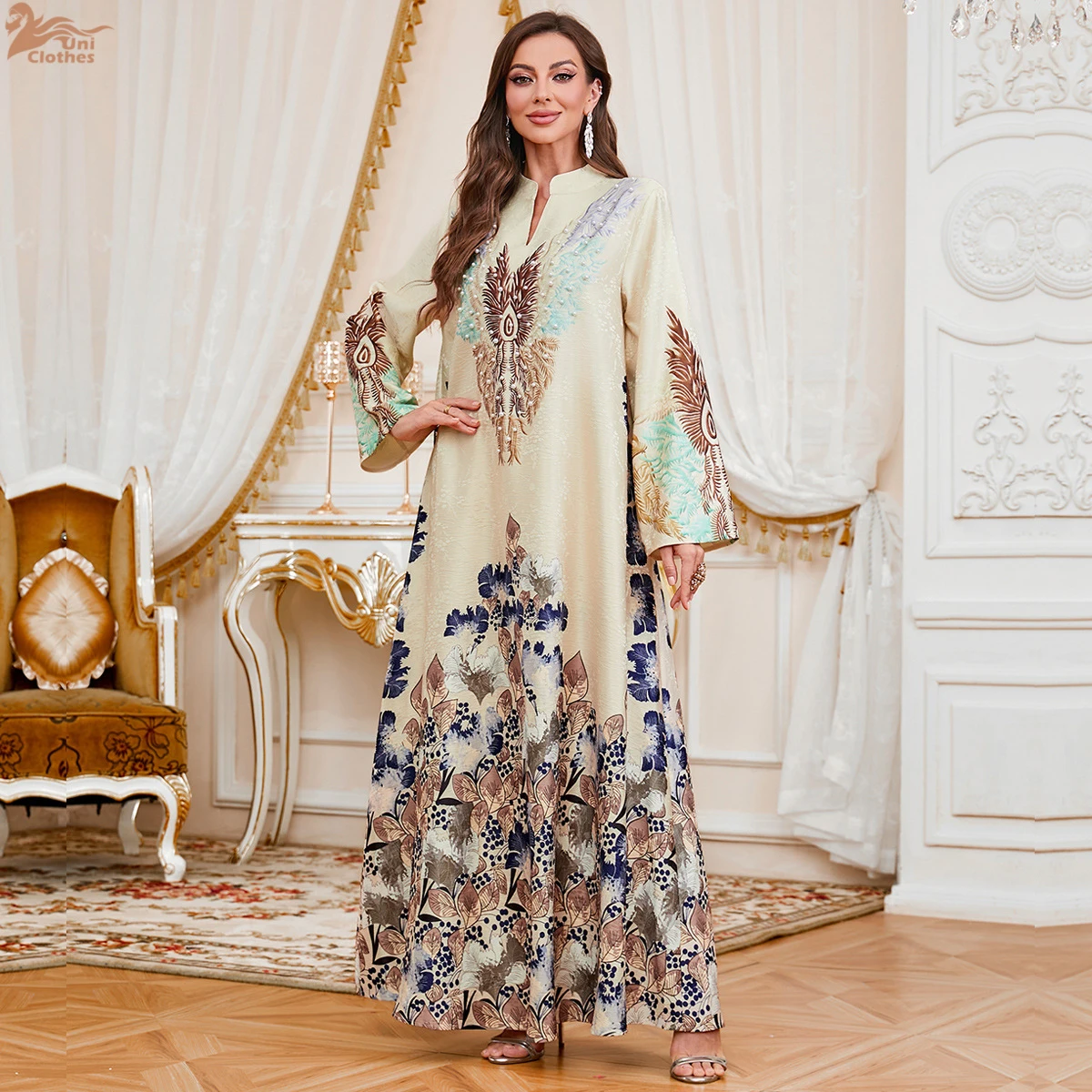 

Уни Рамадан Дубай Роскошный цветочный принт Женщины Абая Мусульманские женщины Бисероплетение Кафтан с v-образным вырезом