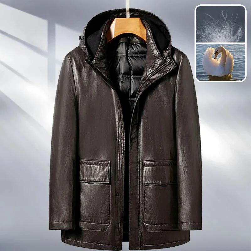 

New 2024 Genuine Leather Clothes Men Hooded Sheepskin down Jacket Detachable Duck Liner Business Soft Coat