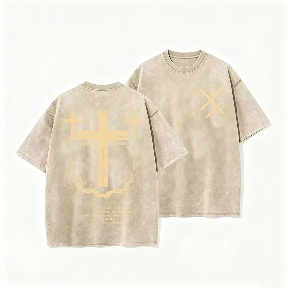 Asian Size Vintage Washed T Shirt Twin Exes Three Cross Thorn Print Oversized Loose Streetwear Short Sleeve Tops