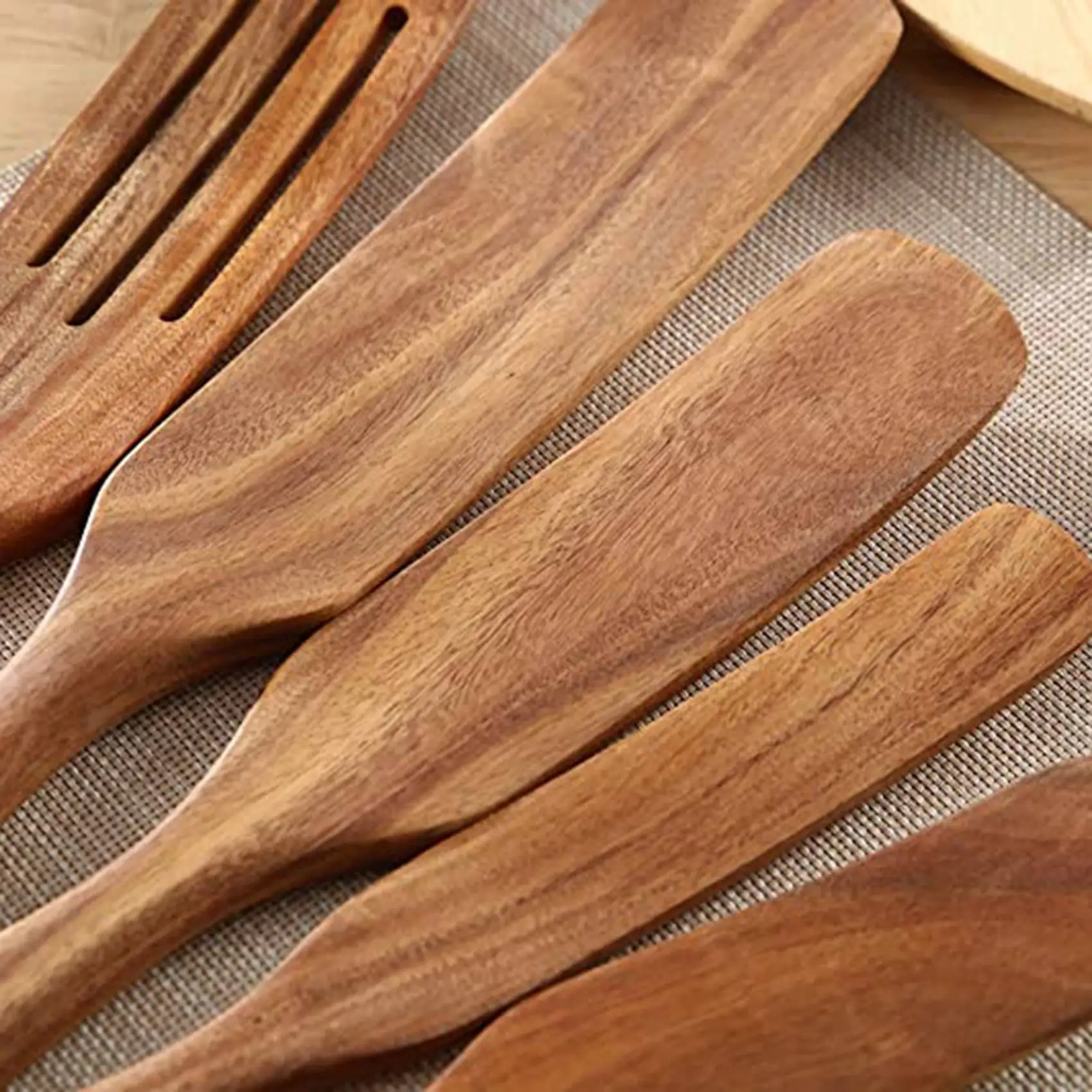 AA49 Wooden Spurtles Set (10Pcs) - Teak Wood Kitchen Tools Set - Heat Resistant Non Stick Wood Cookware For Stirring & Mixing