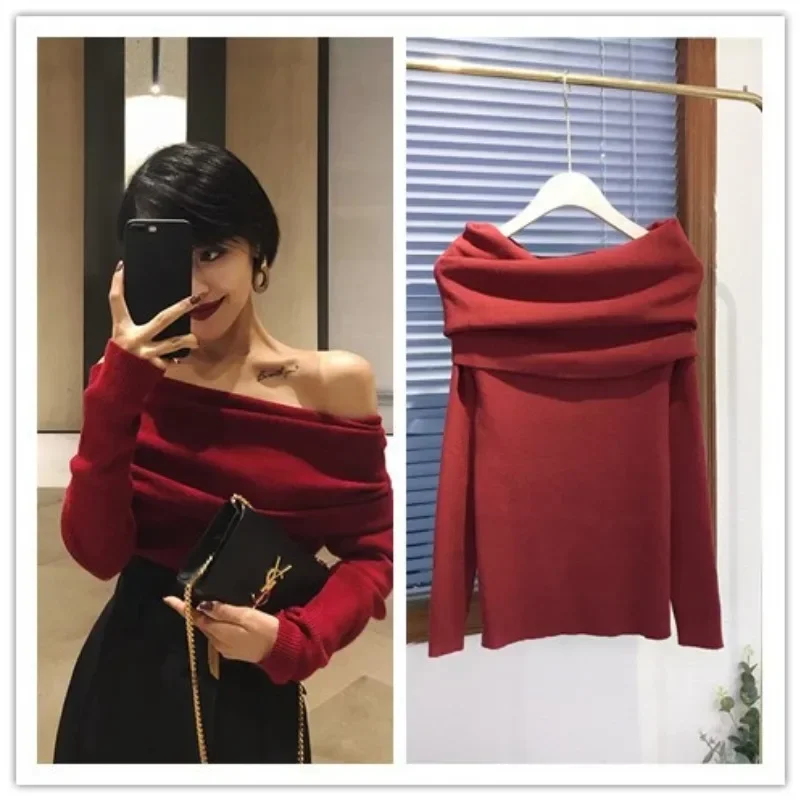

Autumn Winter Long Sleeve Streetwear Sexy Pleated Female Slim Slash Neck Pullovers Women Knitted Gentle Elegant Off Shoulder