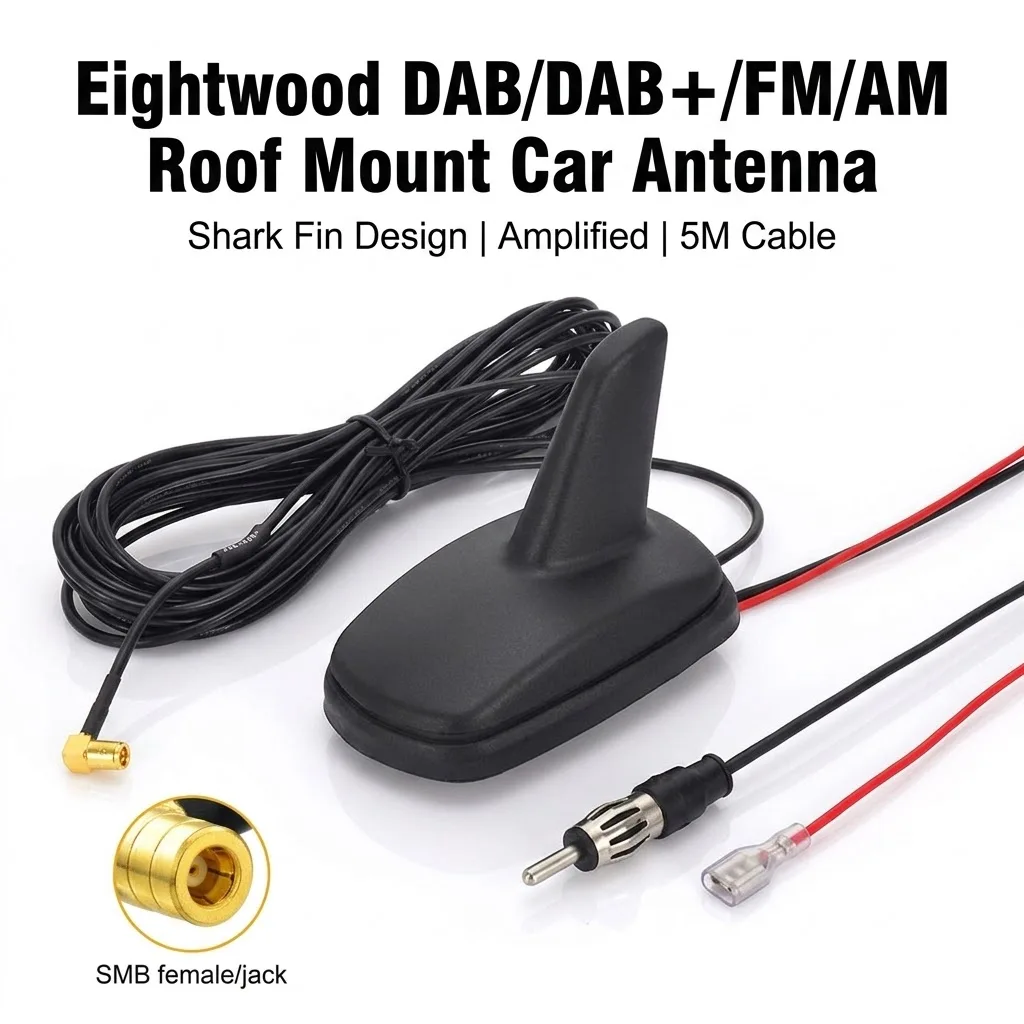 Eightwood-antena de Radio DAB + FM para coche, antena de montaje en techo con aleta de tiburón con amplificador, conector SMB para Blaupunkt JVC Kenwood Pioneer