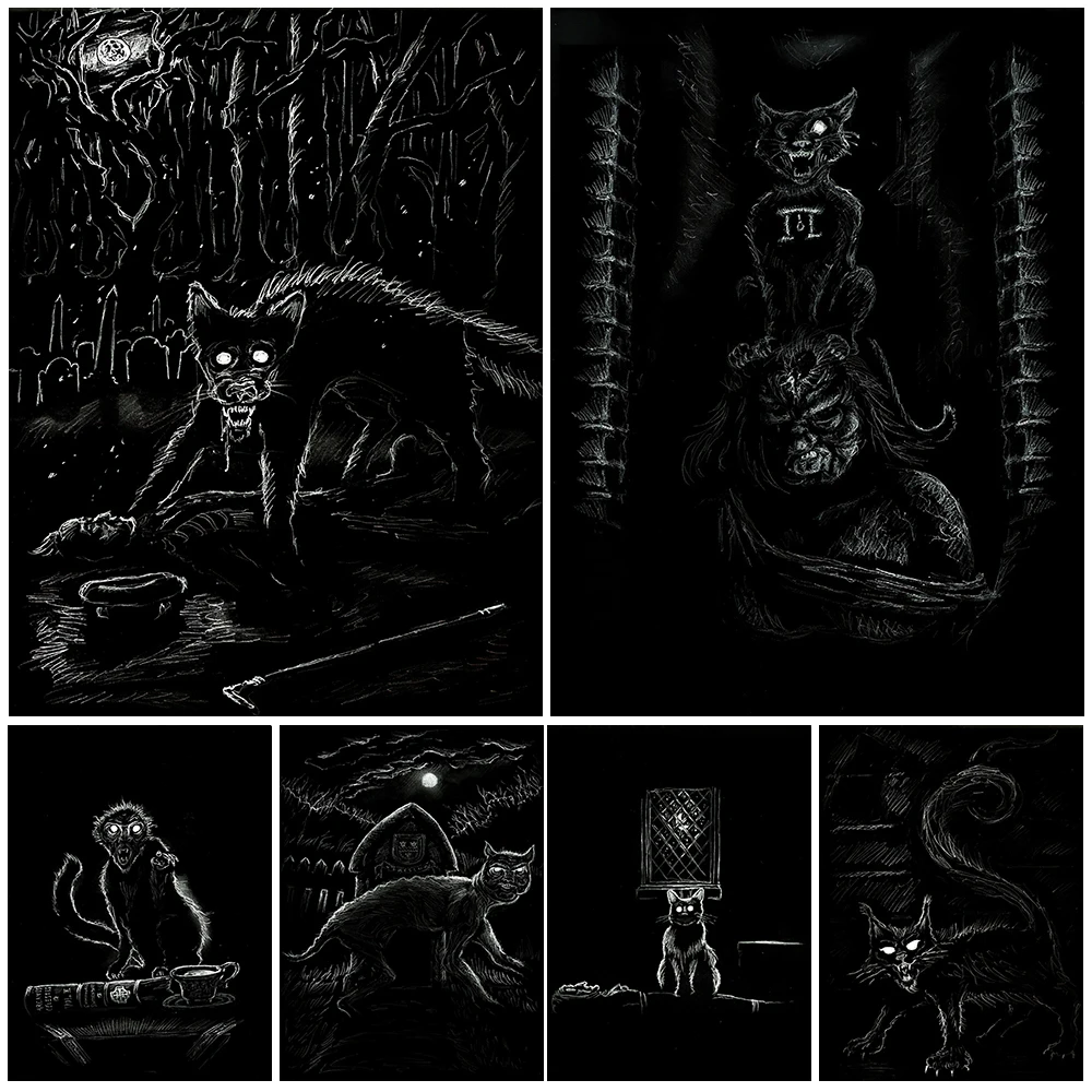 دراكولا القط الأسود الأسود الوردي السكتة الدماغية ملصق فني يطبع القطط الضالة في المقبرة خمر الرسم على لوحات القماش الجدارية ديكور المنزل