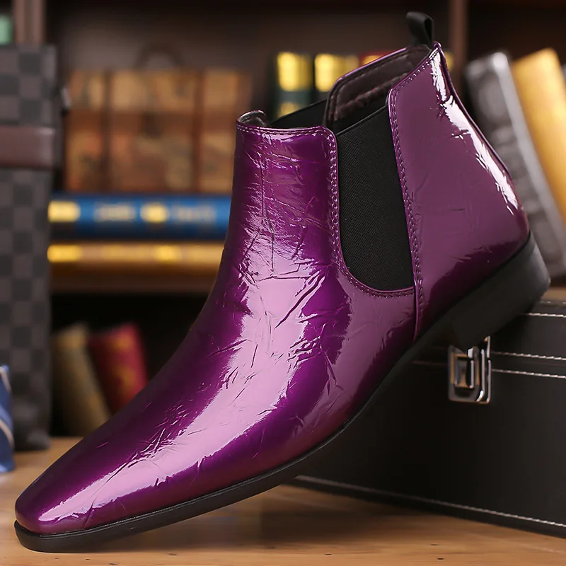 

Luxury Brand Men's Glossy Chelsea Boots New Business Pointed Short Boots Handmade British Style Ankle Boots for Men Dress Shoes