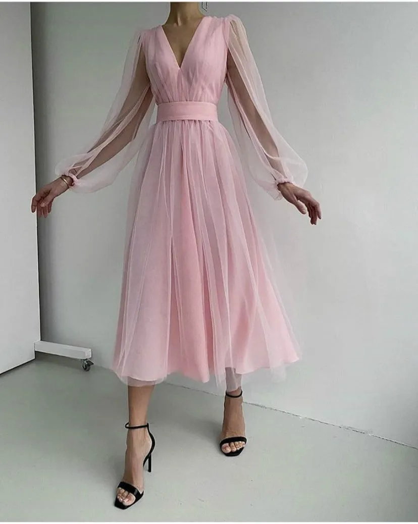 Imagem -04 - Mulheres Elegante Profundo Decote v Puff Manga Midi Chiffon Vestido Malha Patchwork Longo Vestido de Noite Convidado do Casamento Prom Party