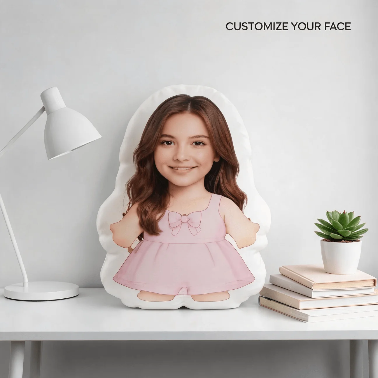 Custom Personalized Photo Face Pillow, Smiling In Pink Dress Custom Shaped Decorative Cushion, 70cm Home Decor Accent for Sofa &