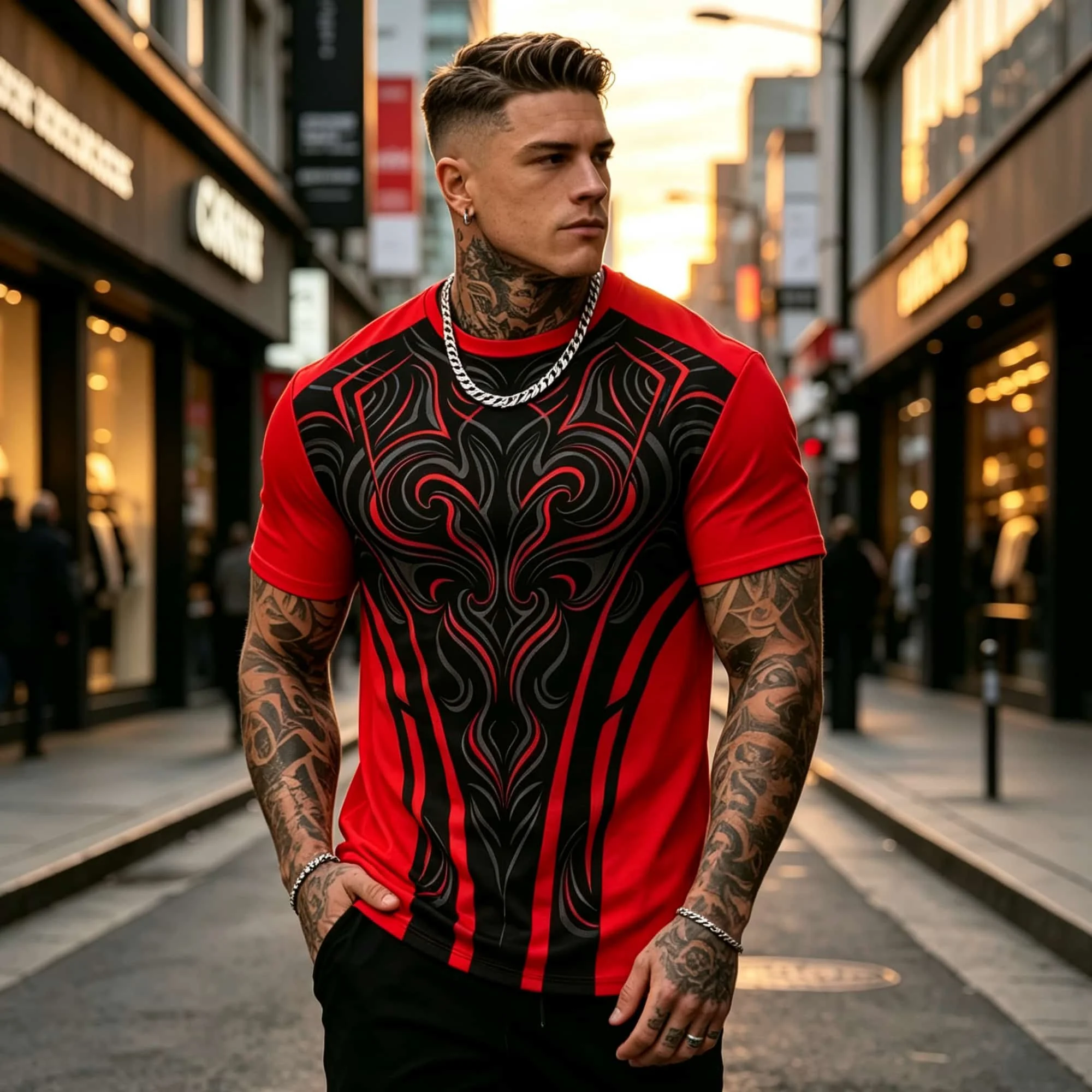 Men Athletic Workout Short Sleeve T Shirt Abstract Tribal Swirl Pattern Crew Neck Tee Gym Daily Outfit