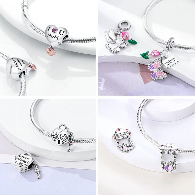 925 Silver Charms Love Mother Family Sister Heart Beads Fit Original Bracelet Necklace DIY Woman Jewelry Gift For Friend