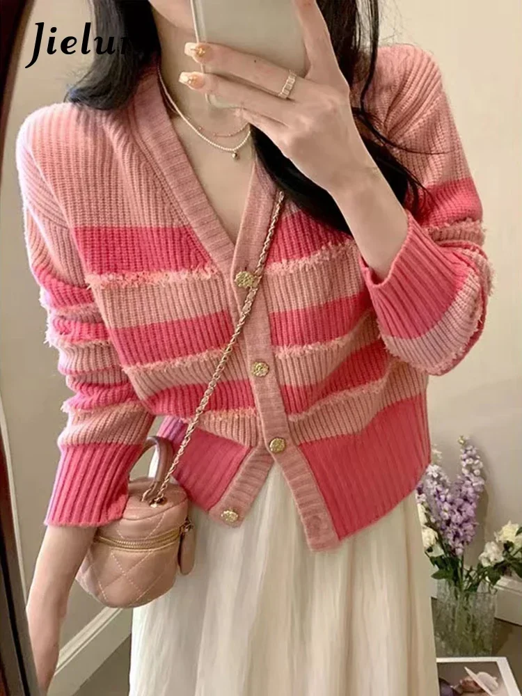 

Jielur Autumn New Contrast Color Casual Cardigan Woman Korean Stripe Knitted Women's Cardigan Black Pink Fashion Cardigan Female