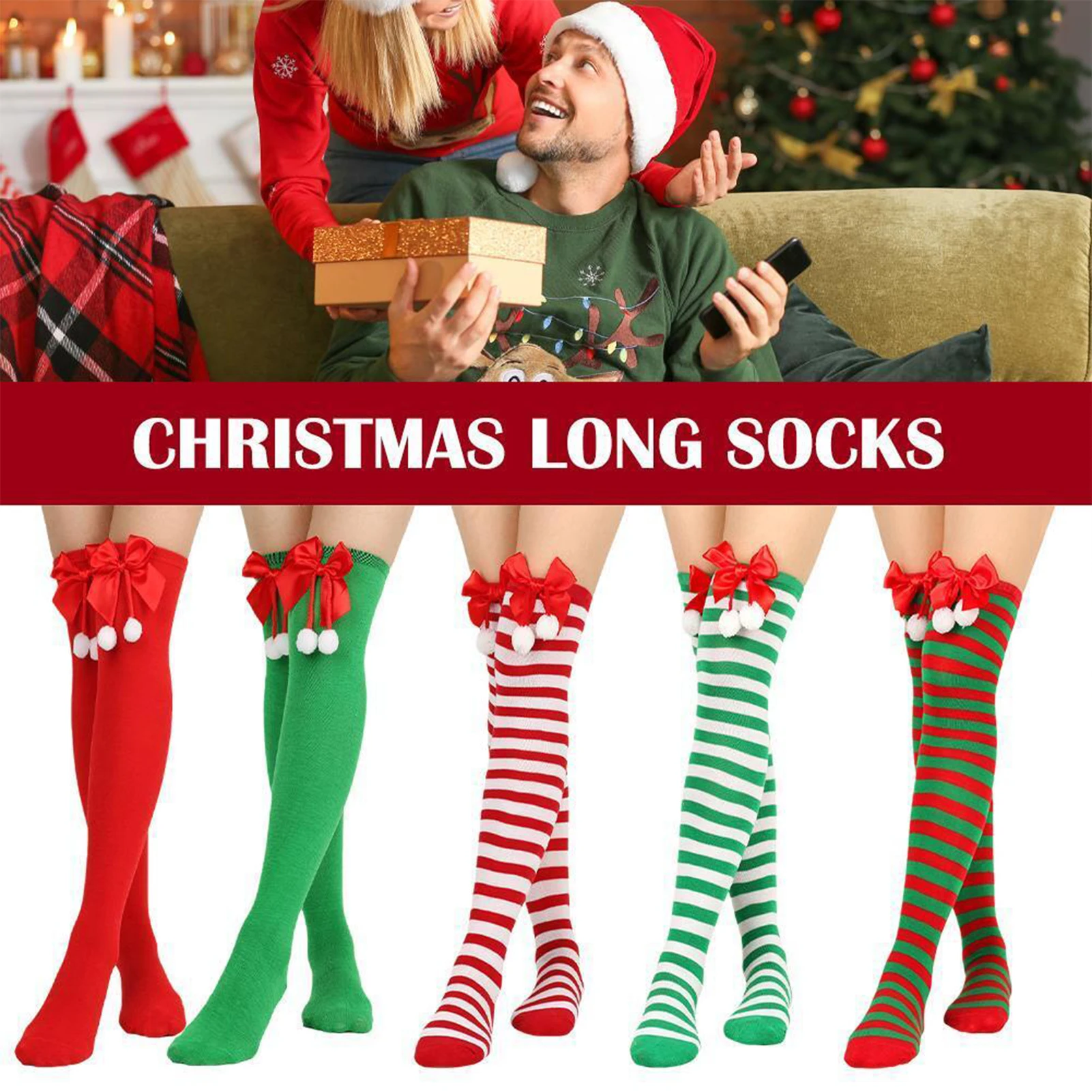 Christmas Green Red Stocking Cute Large Print Funny Novelty Crew Socks Cute Dress Socks for Women Lady Girls