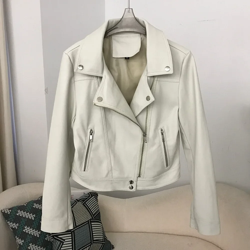 2024 New Spring Autumn Motorcycle Faux Leather Jacket Women Soft Streetwear Zipper Short Pu Coat Female Slim Outwear