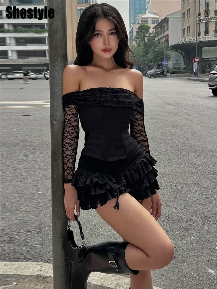 

Shestyle Women Autumn New Outfits Black Partywear Slash Neck Lace Tops Mini Sheath Drawstring Skirt Jazz Dancing 2Pieces Sets