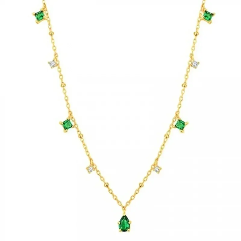 Hot-Seller New Scattered Square Emerald & Round CZ Pendant Necklace Dainty Thin Bead Chain Fresh Forest Collar Jewelry For Women