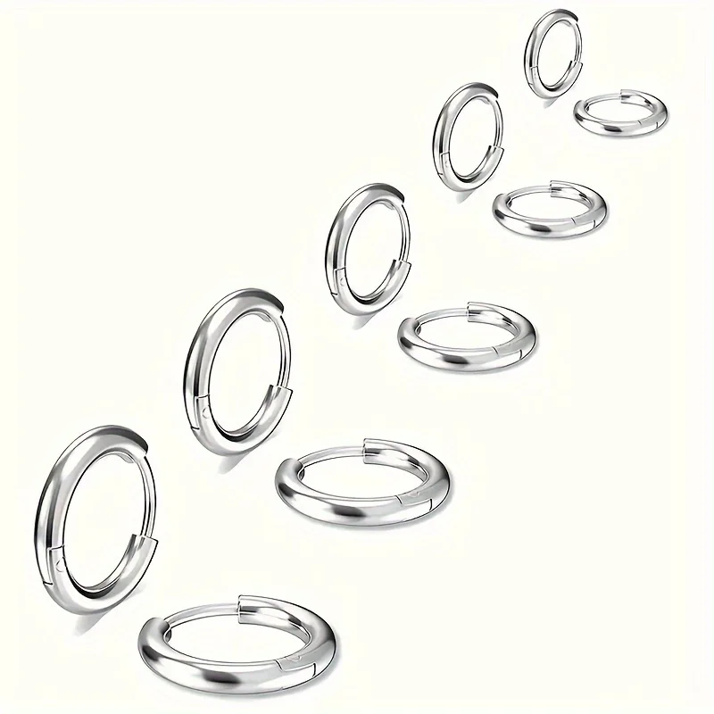 5pairs Unisex Sliver Color Stainless Steel Circle Hoop Earrings Hip-hop Classic Cartilage Ear Piercing Jewelry 8/10/12/14/16mm