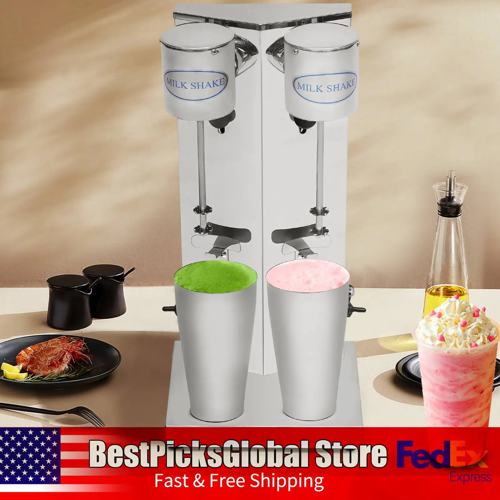

Dual Head Milkshake Maker, 16000 RPM, Commercial 180W + 180W Variable Speed Blender with Mixing Cups, 110V