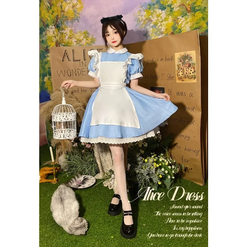 

Women Lolita OP Dress Girl Blue Party Dress Headwear Apron Women Short Sleeve Maid Dress Set Halloween Cosplay Costume