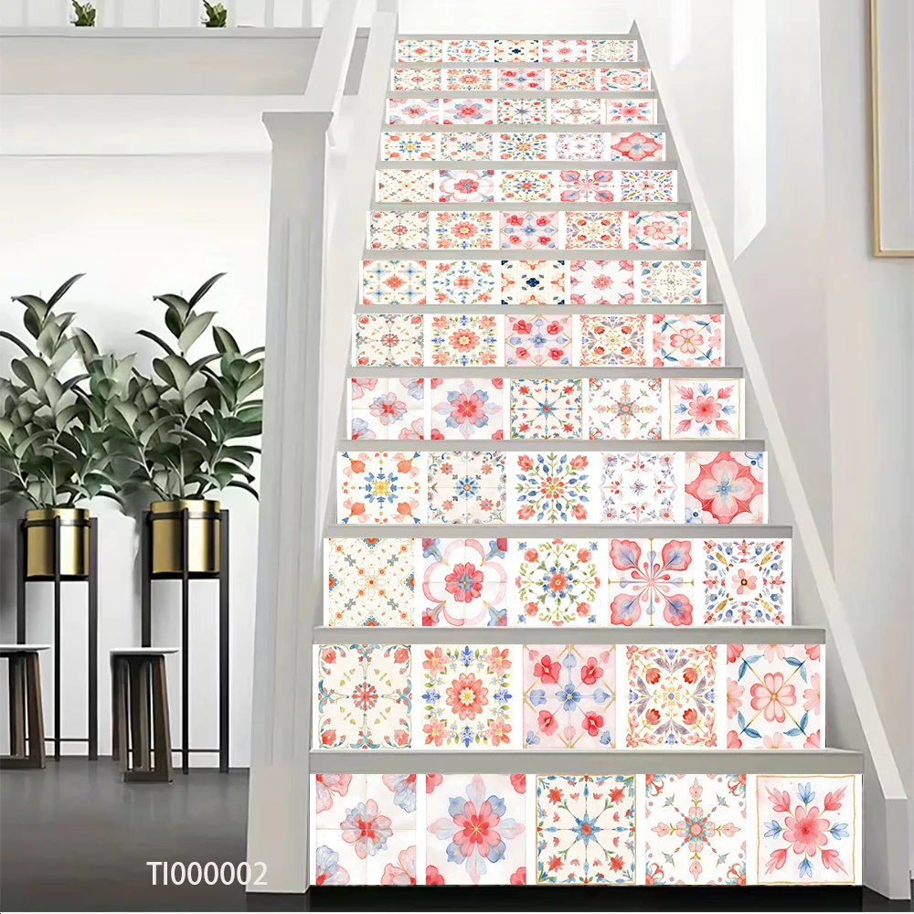 

6/13pcs Boho Pink Floral Tile Stair Riser Decals Waterproof Peel & Stick Removable Stair Stickers for Home Decor
